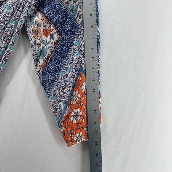 Lola P. Top Size L Peasant Boho Floral Blouse Shirred Tasseled Slit Sleeve Blue - Picture 9 of 10